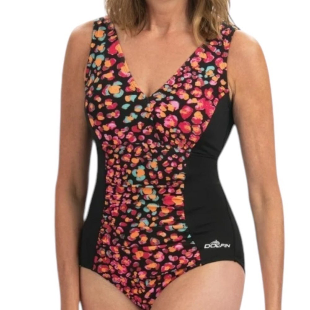 Dolfin Aquashape Floral Printed V Neck Front Panel One Piece Swimsuit Black 12